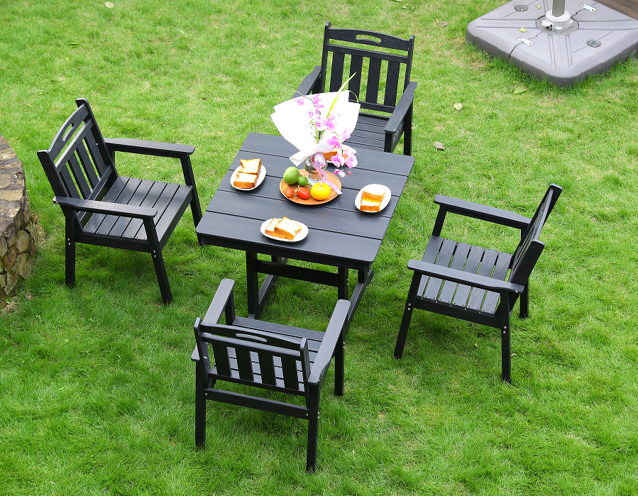 HDPE 户外餐椅 4把椅子+方桌 套装  黑色  竖靠背