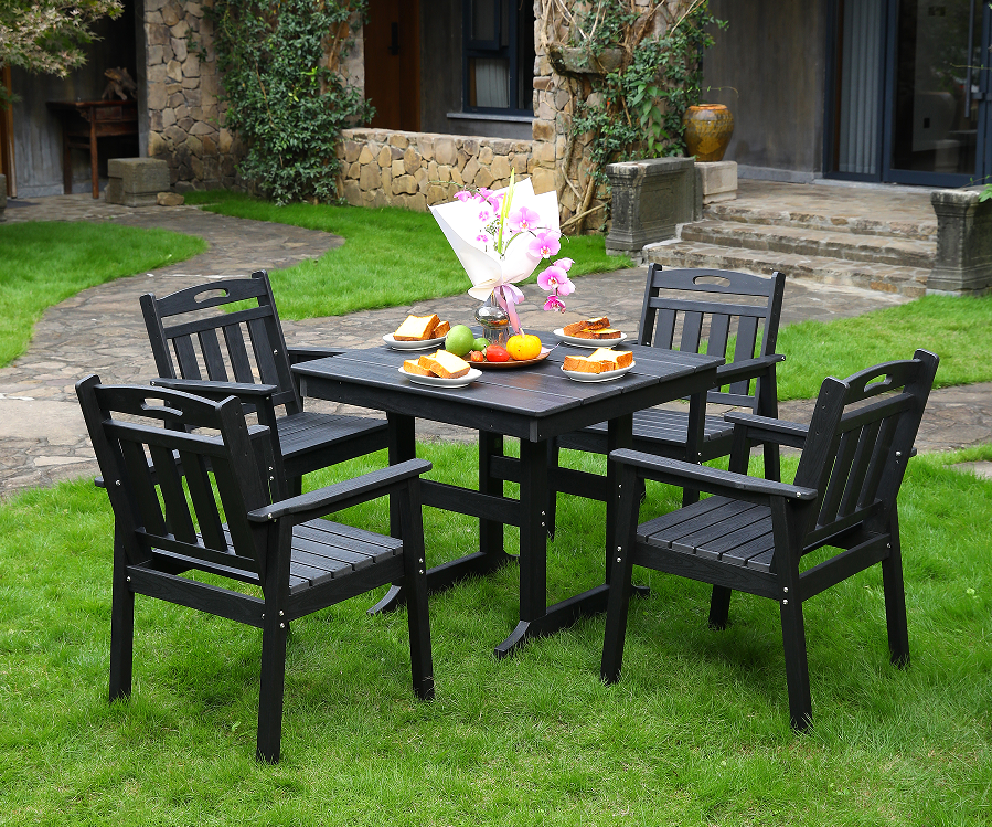 HDPE 户外餐椅 4把椅子+方桌 套装  黑色  竖靠背