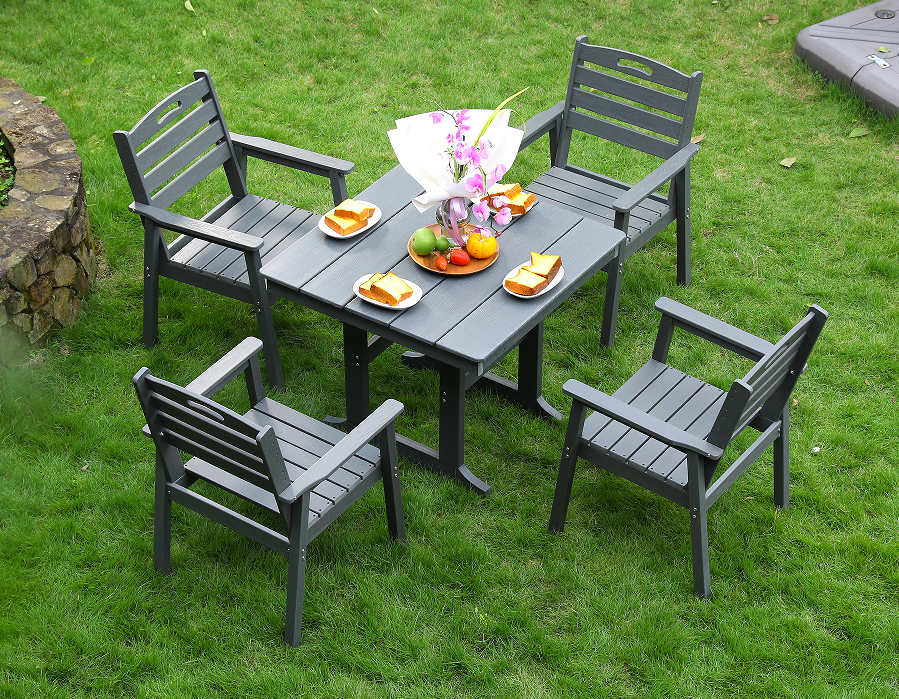 HDPE 户外餐椅4把椅子+方桌 套装 灰色  横靠背