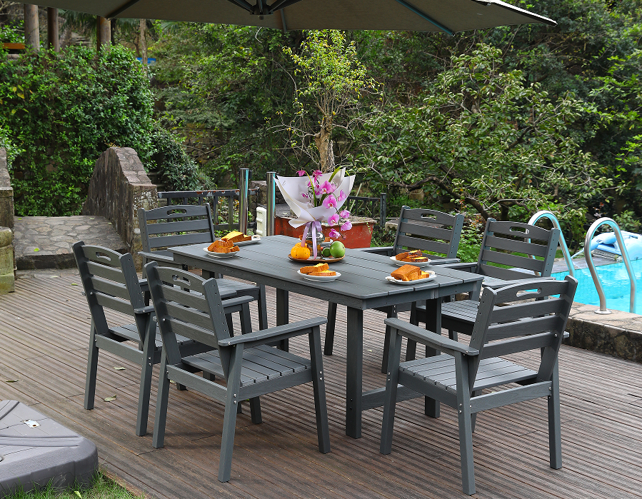 HDPE 户外餐椅 套装6把椅子+长方桌 灰色 横靠背
