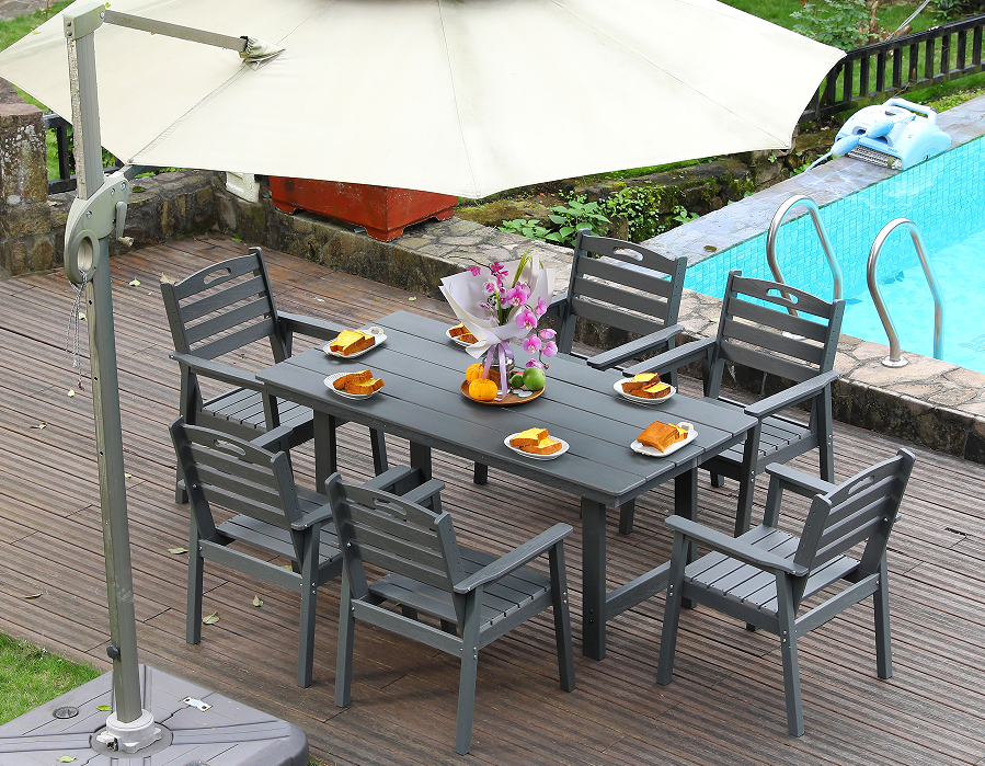 HDPE 户外餐椅 套装6把椅子+长方桌 灰色 横靠背