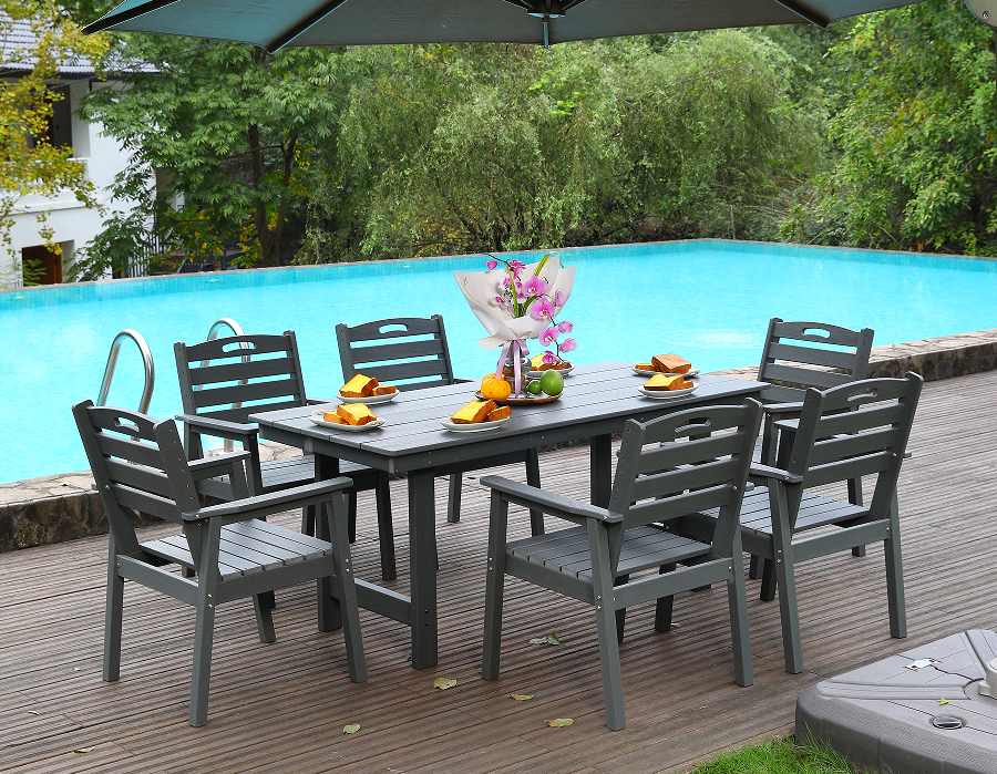 HDPE 户外餐椅 套装6把椅子+长方桌 灰色 横靠背