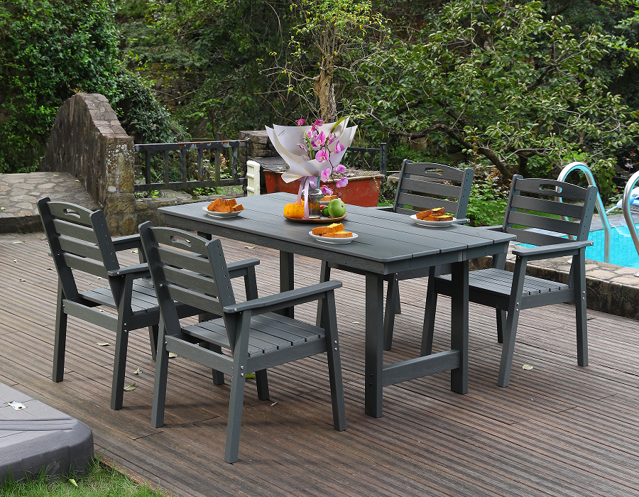 HDPE 户外餐椅套装 4把椅子+长方桌 灰色  横靠背