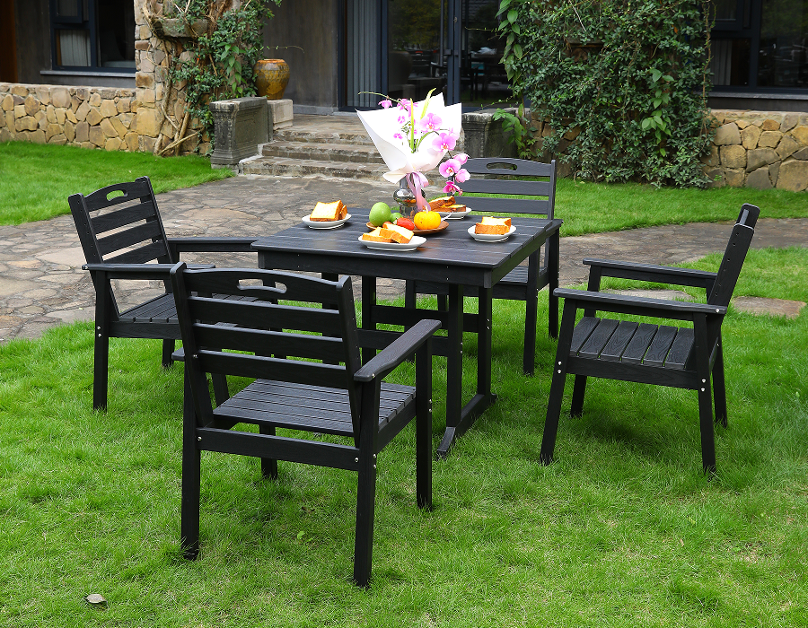 HDPE 户外餐椅4把椅子+方桌 套装 黑色 横靠背