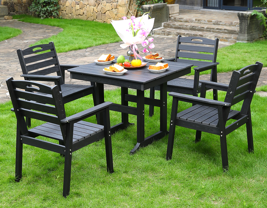 HDPE 户外餐椅4把椅子+方桌 套装 黑色 横靠背