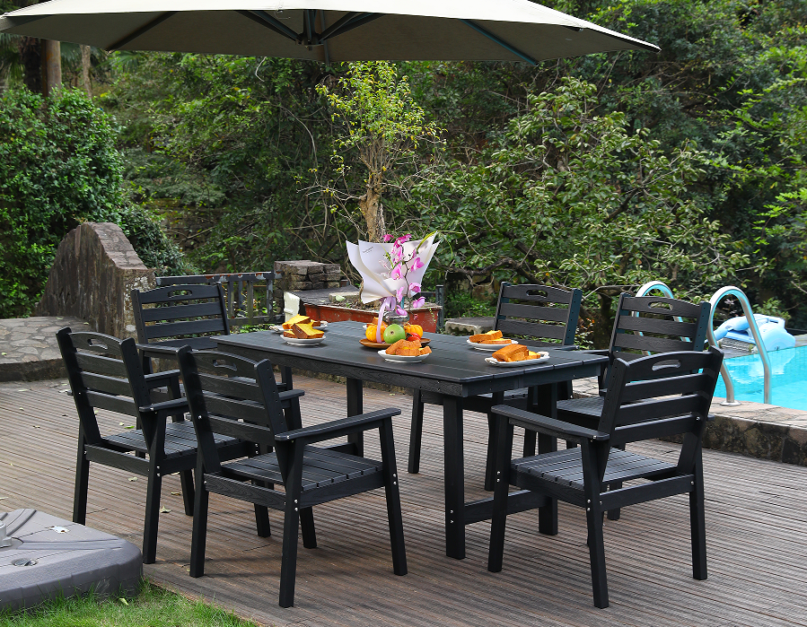 HDPE 户外餐椅 套装6把椅子+长方桌 黑色 横靠背