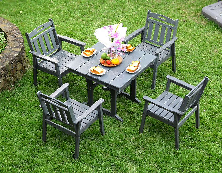 HDPE 户外餐椅4把椅子+方桌 套装 灰色 竖靠背