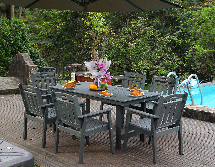 HDPE 户外餐椅 套装6把椅子+长方桌 灰色 竖靠背