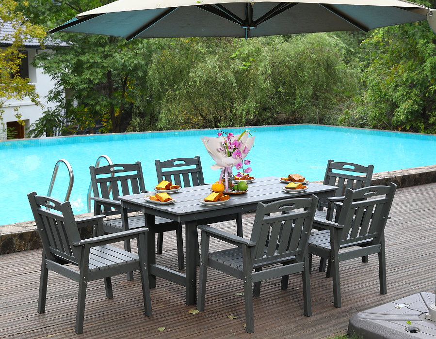 HDPE 户外餐椅 套装6把椅子+长方桌 灰色 竖靠背