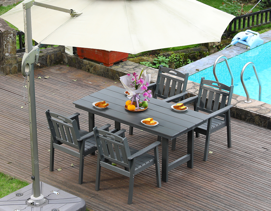 HDPE 户外餐椅套装 4把椅子+长方桌 灰色 竖靠背 