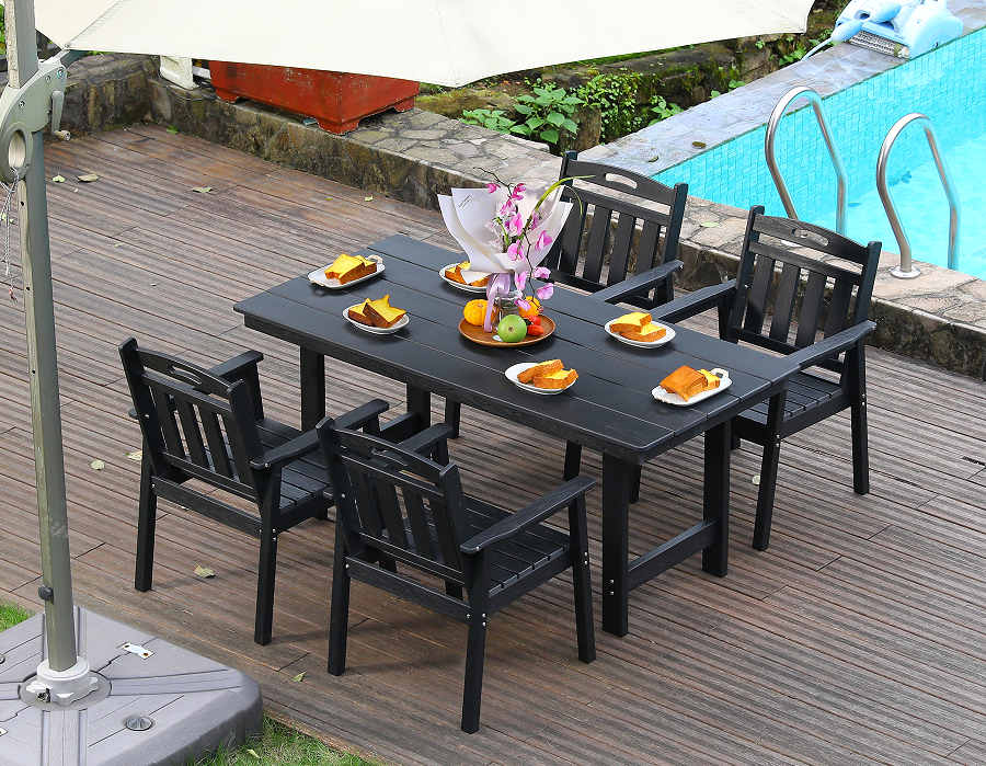 HDPE 户外餐椅套装 4把椅子+长方桌 黑色  竖靠背