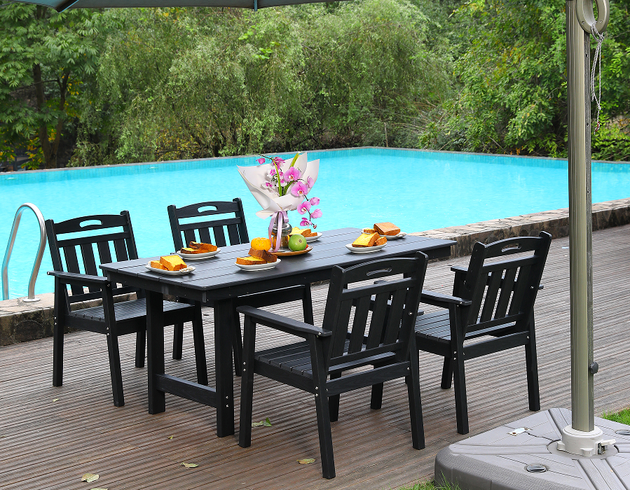 HDPE 户外餐椅套装 4把椅子+长方桌 黑色  竖靠背